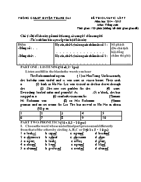 Đề thi olympic môn Tiếng Anh Lớp 7 - Đề 10 - Năm học 2014-2015 - Phòng GD & ĐT Thanh Oai (Có đáp án)